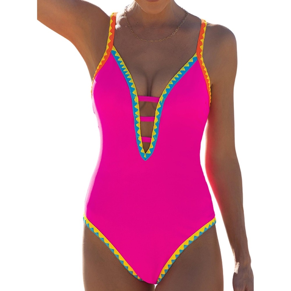 NWT Popvil Women One Piece Swimsuit Tummy Control Deep V Neck Neon Rose Red XL